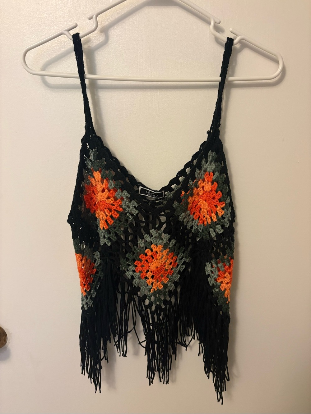 ViVI Black Crochet Fringe Camisole with Orange Accents